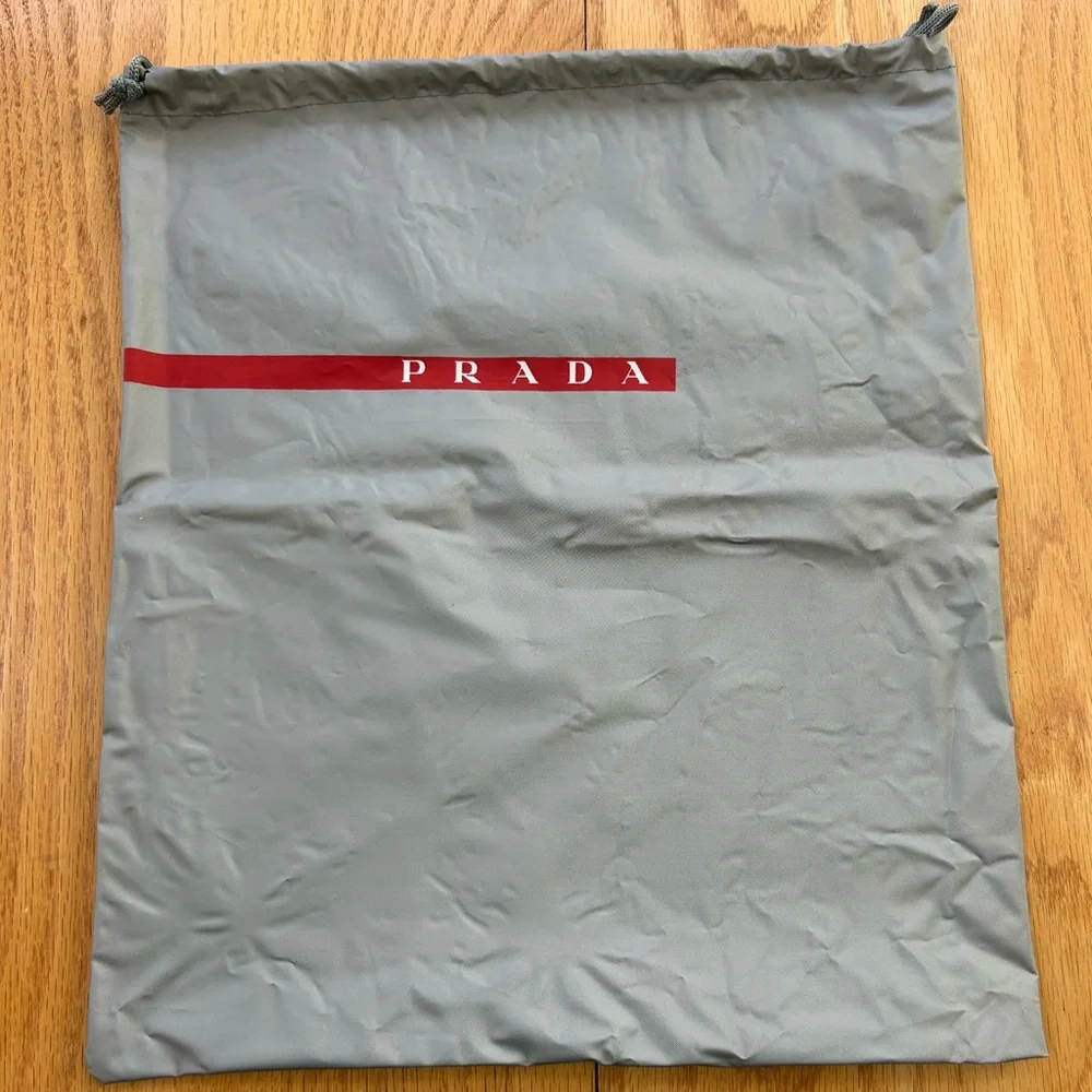 Prada Vinyl‎ Dust Storage Bag Silver Gray with Red Logo Drawstring 15” X 13”